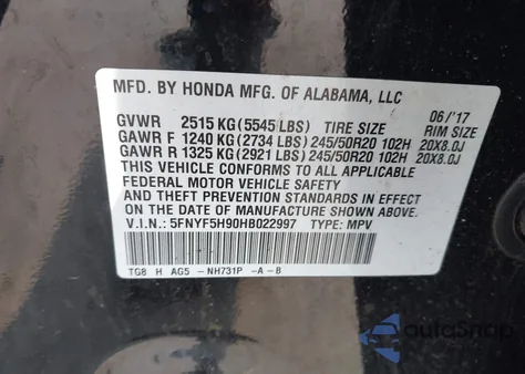 2017 Honda Pilot Touring из США, поврежденный, VIN 5FNYF5H90HB022997